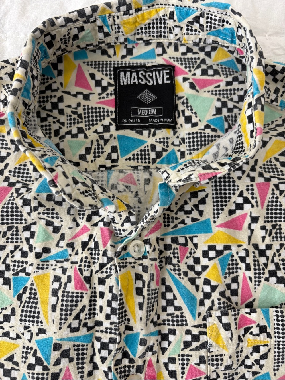Vintage 90’s MASSIVE Men’s White Geometric Print Button-Down Shirt - Multicolor